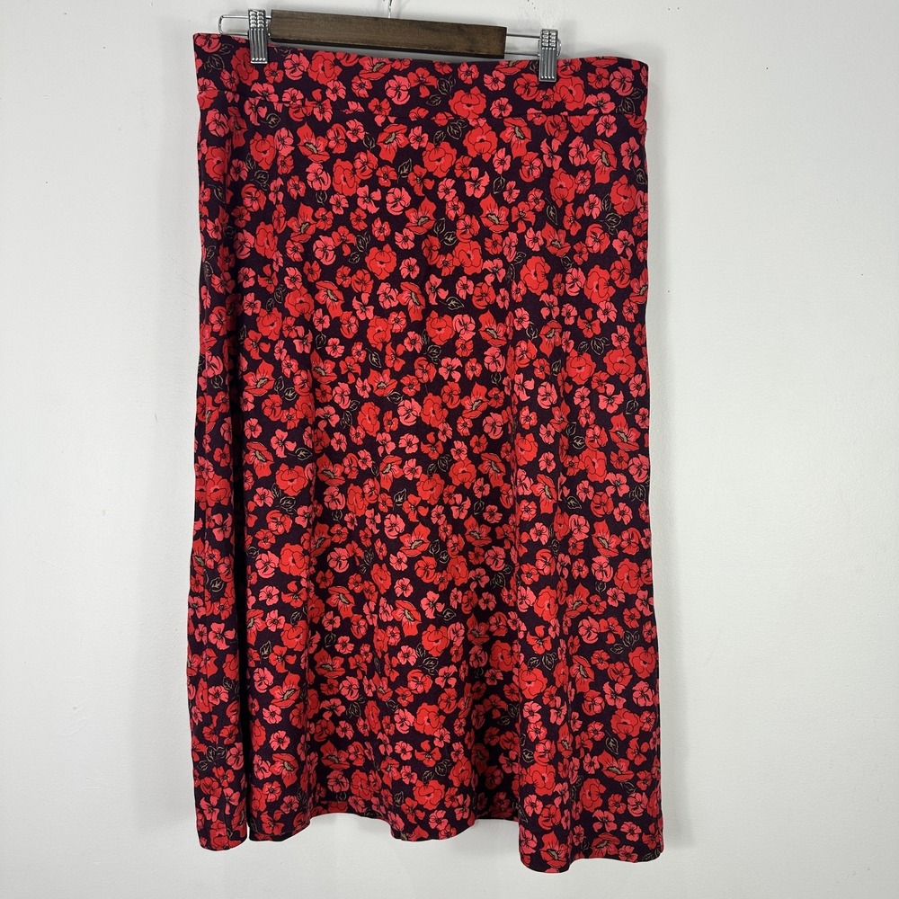 Lands End Skirt Womens Large Red Floral Black A-Line Midi Pockets‎ Feminine Chic